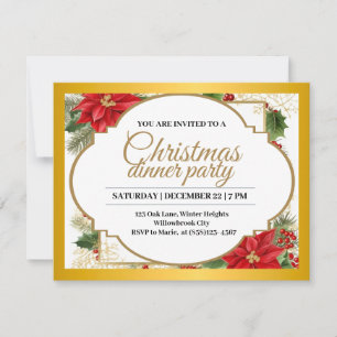 Convites Jantar de Natal Elegante em Dourado & Poinsettia