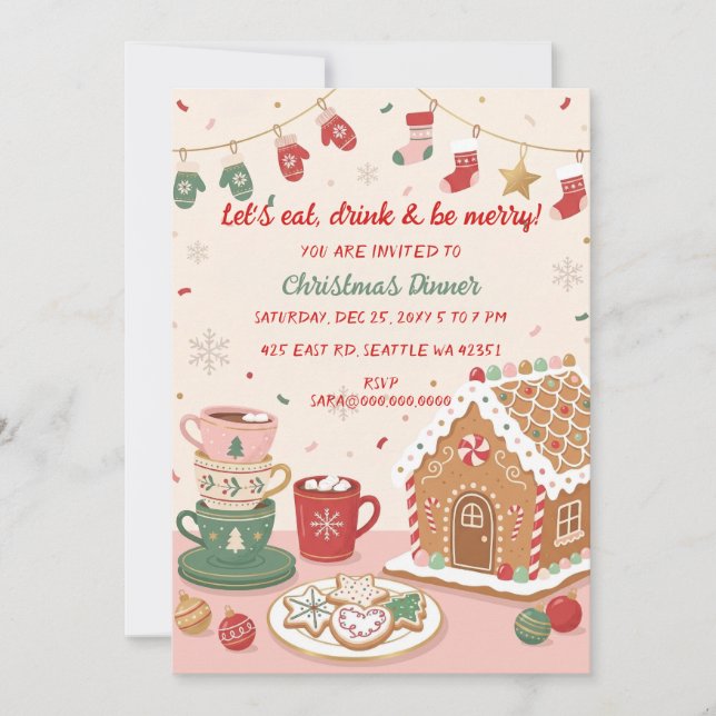 Convites Jantar de Natal Fantasioso de Natal Rosa Vermelho  (Frente)