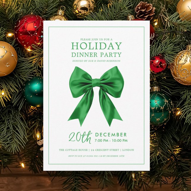 Convites Jantar de Natal Festa de Férias Laço de Seda Verde (Christmas Holiday Dinner Party Green Satin Bow Invitation)