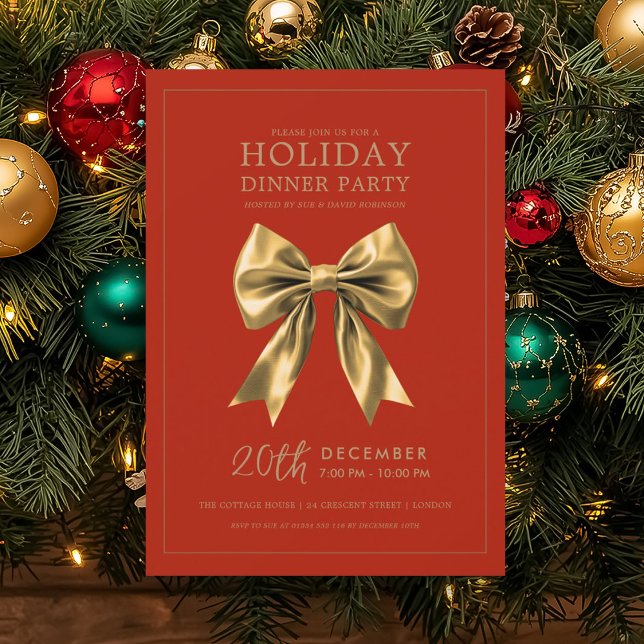 Convites Jantar de Natal Festa de Fim de Ano Arco de Cetim  (Christmas Holiday Dinner Party Gold Satin Bow Red Invitation)