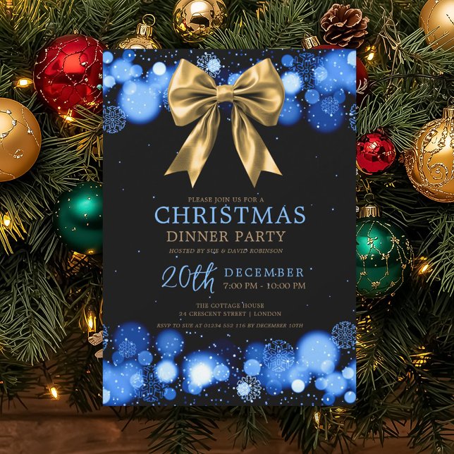 Convites Jantar de Natal Festa de Fim de Ano Inverno Arco D (Xmas Holiday Dinner Party Winter Gold Bow Navy Invitation)