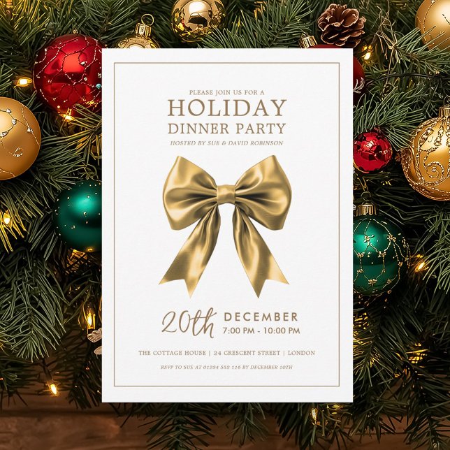 Convites Jantar de Natal Festa de Fim de Ano Laço de Seda D (Christmas Holiday Dinner Party Gold Satin Bow Invitation)