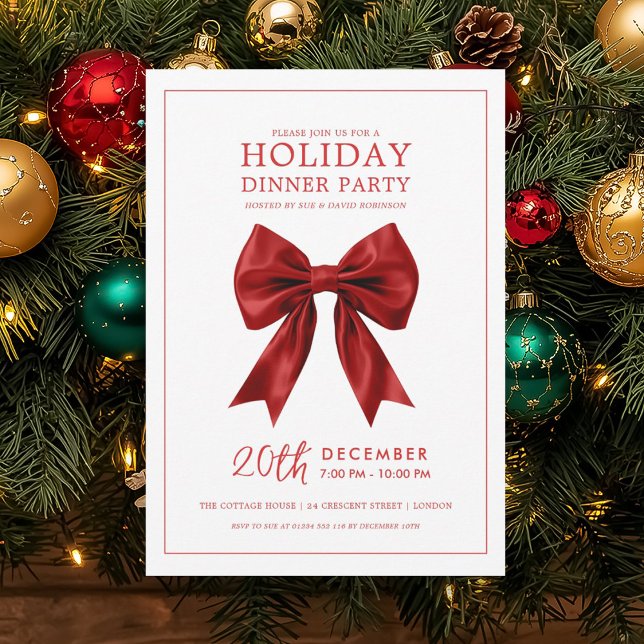 Convites Jantar de Natal Festa de Fim de Ano Laço de Seda V (Xmas Holiday Dinner Party Red Satin Bow Invitation)