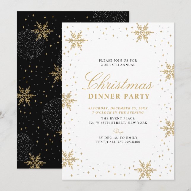 Convites Jantar de Natal Moderno e Elegante | Dourado e Pre (Frente/Verso)