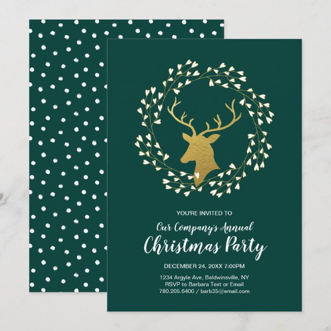 Convites Jantar de Natal Moderno Verde e Dourado Festa de F (Frente/Verso)