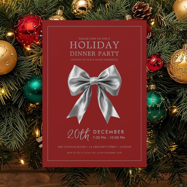 Convites Jantar de Natal no Feriado de Natal Arco de Cetim  (Xmas Holiday Dinner Party Silver Satin Bow Red Invitation)