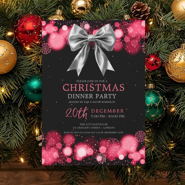Convites Jantar de Natal no Feriado de Natal Inverno Arco d (Xmas Holiday Dinner Party Winter Silver Bow Red Invitation)