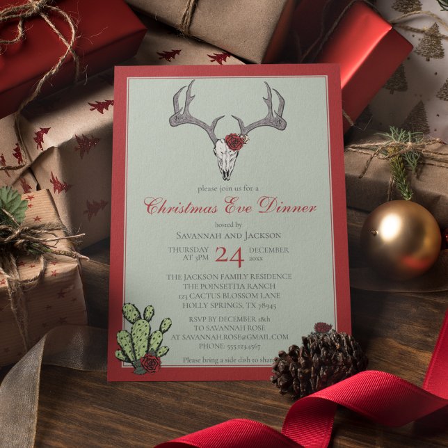 Convites Jantar de Natal Ocidental Chifre de Renas & Cacto (Western Christmas Eve Dinner Party Invites. Hand-Drawn Reindeer Skull, Antlers, RedRoses & Cacti.)