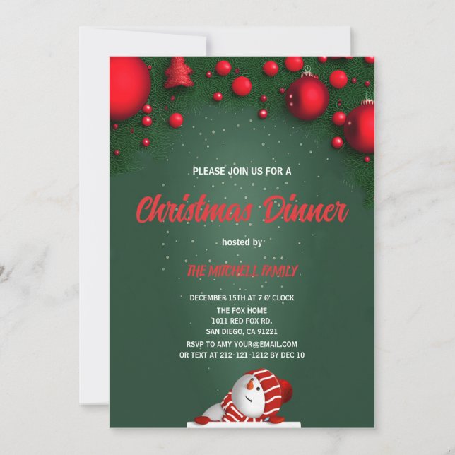Convites Jantar de Natal pinheiro verde bagas vermelhas (Frente)