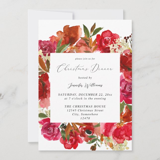 Convites Jantar de Natal Rosa Vermelho & Floral Rosa 1 (Frente)