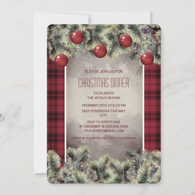 Convites Jantar de Natal Rustic Buffalo Plaid Cinza Prata (Frente)