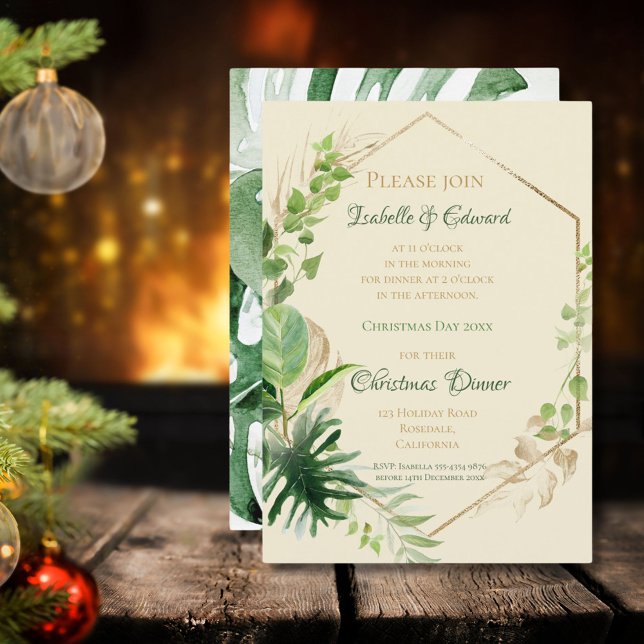 Convites Jantar de Natal Tropical Verde com Folhas de Ouro (Criador carregado)