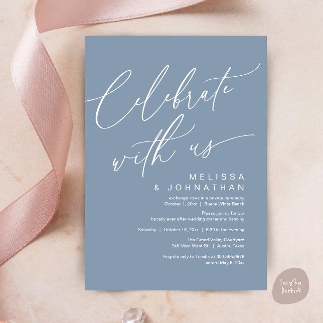 Convites Jantar de Noite Romântico, Celebre conosco (Romantic Wedding Dinner Party, Celebrate with us Lunch Brunch Modern Invites Card  PDF Dusty Blue)