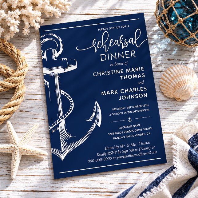 Convites Jantar de Noivado com Âncora Náutica Casamento Mar (Create your perfect invitation with this nautical anchor rehearsal dinner invitation.)