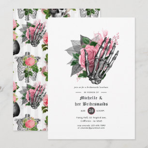 Convites Jantar de Noivas com Caveiras Góticas Florais Rosa