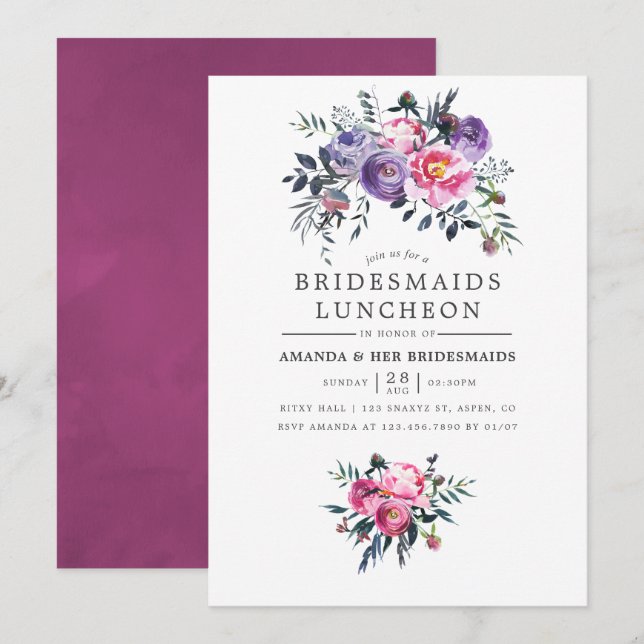 Convites Jantar de Noivas com Florais em Aquarela Roxo e Ro (Frente/Verso)