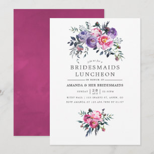 Convites Jantar de Noivas com Florais em Aquarela Roxo e Ro