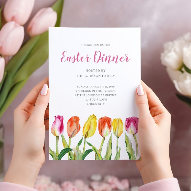 Convites Jantar de Páscoa com Tulipas em Aquarela Floral El (Elegant Floral Watercolor Tulip Easter Dinner Invitation)