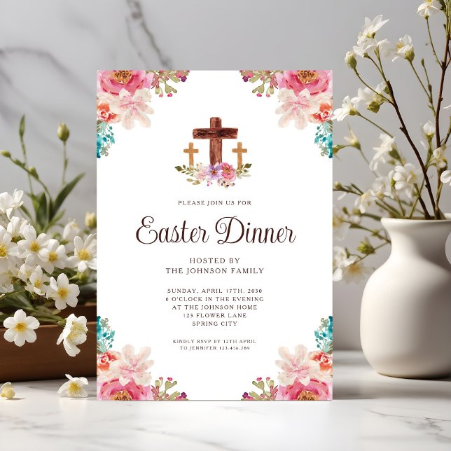 Convites Jantar de Páscoa Cruz Floral Elegante (Elegant Floral Cross Easter Dinner Invitation)