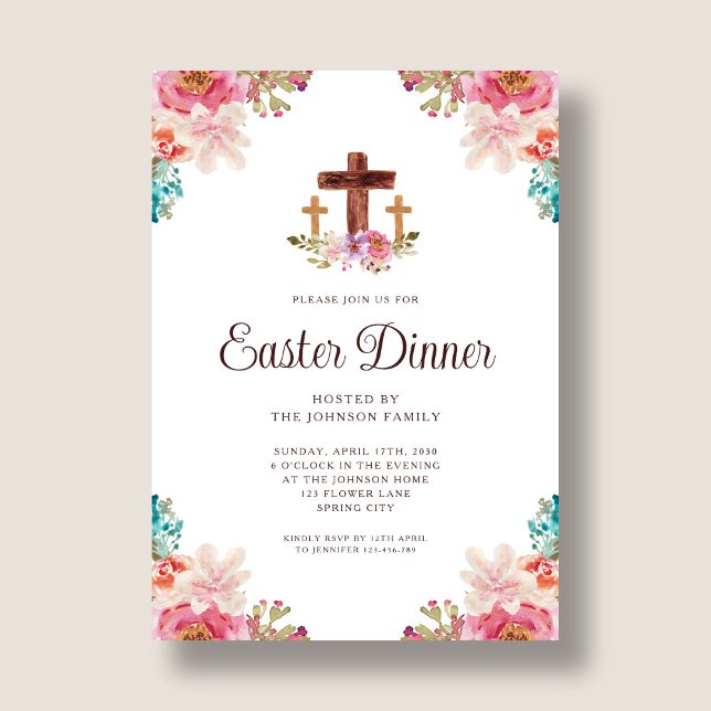 Convites Jantar de Páscoa Cruz Floral Elegante (Elegant Floral Cross Easter Dinner Invitation)