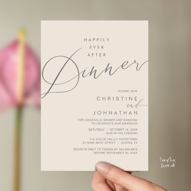 Convites Jantar de Recepção de Casamento Feliz para Sempre (Happily Ever After Dinner Wedding Reception Dinner Invitation Card in Cream Grey)