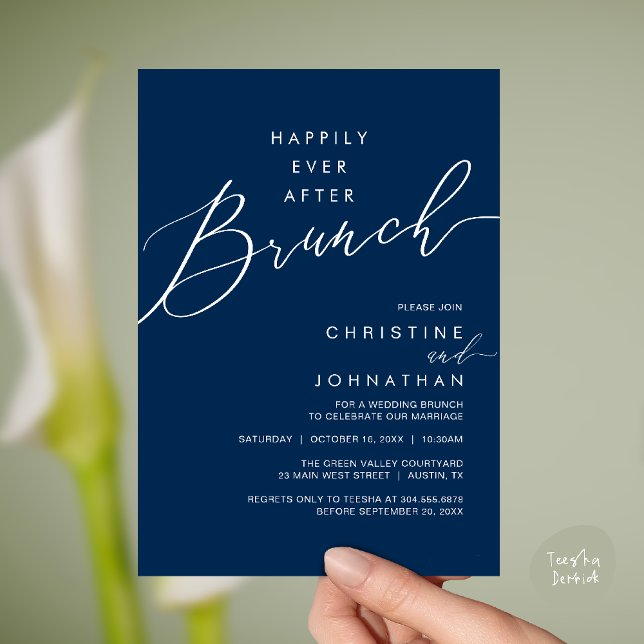 Convites Jantar de Recepção de Casamento Felizes para Sempr (Happily Ever After Brunch Post Wedding Reception Invitation Card in Navy Blue)