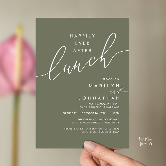 Convites Jantar de Recepção de Casamento Felizes para Sempr (Happily Ever After Lunch Wedding Reception Invitation Card in Dusty Sage Green)