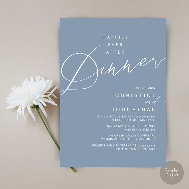 Convites Jantar de Recepção de Casamento Felizes para Sempr (Happily Ever After Dinner Wedding Reception Dinner Invitation Card in Dusty Blue)