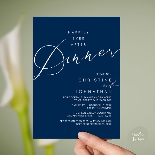 Convites Jantar de Recepção de Casamento Felizes para Sempr (Happily Ever After Dinner Wedding Reception Dinner Invitation Card in Navy Blue)