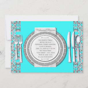 Convites Jantar de Rehearsal Azul Teal Prata Elegante