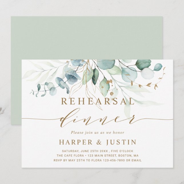 Convites Jantar de Rehearsal Botânico Dourado e Verde (Frente/Verso)