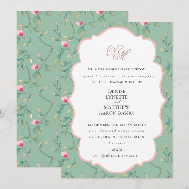 Convites Jantar de Rehearsal Cameo Green e Gossamer Pink (Frente/Verso)