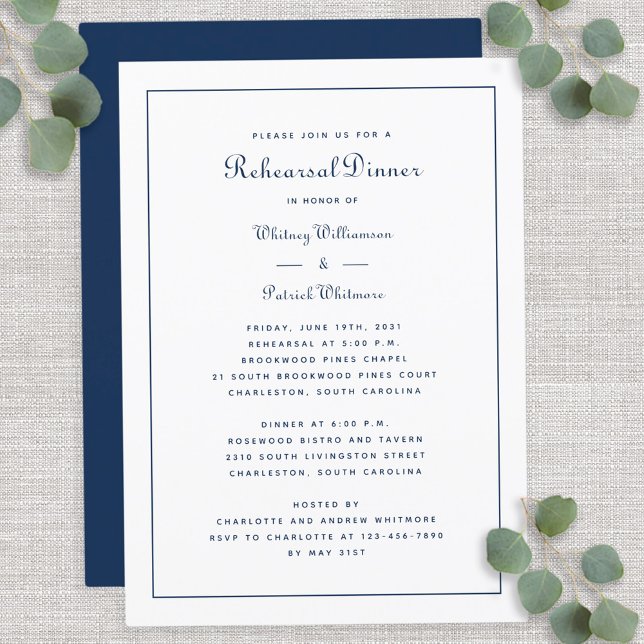 Convites Jantar de Rehearsal Casamento Elegante Roteiro Azu (Rehearsal Dinner Wedding Elegant Script Blue White Invitation)