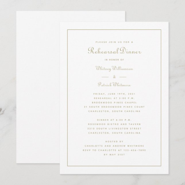 Convites Jantar de Rehearsal Casamento Script Elegante Dour (Frente/Verso)