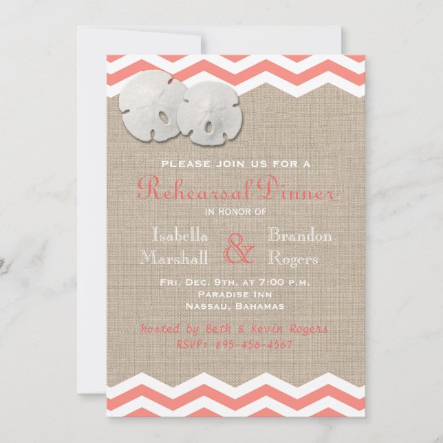 Convites Jantar de Rehearsal Coral Dólar de Areia & Chevron (Frente)
