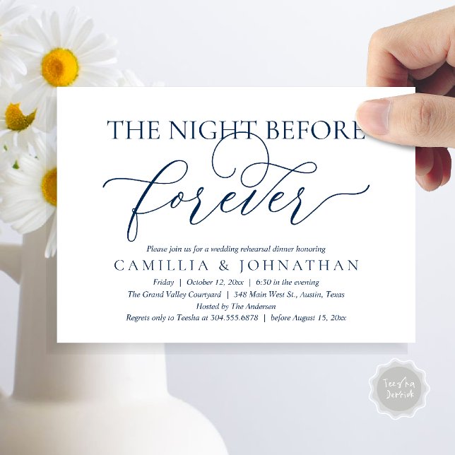 Convites Jantar de Rehearsal de Casamento, A Noite Antes do (The Night Before Forever Wedding Rehearsal Dinner Romantic Classy Invites Card PDF in Navy Blue)