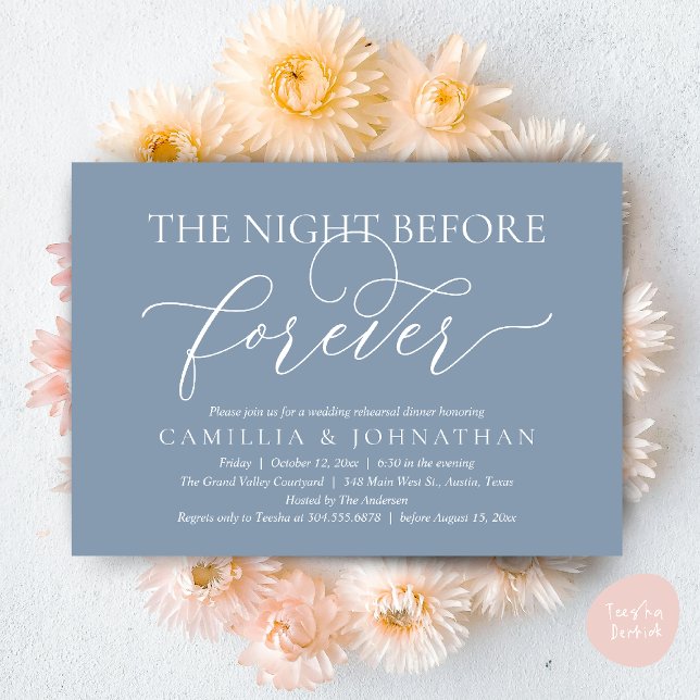 Convites Jantar de Rehearsal de Casamento, A Noite Antes do (The Night Before Forever Wedding Rehearsal Dinner Romantic Classy Invites Card PDF in Dusty Blue)