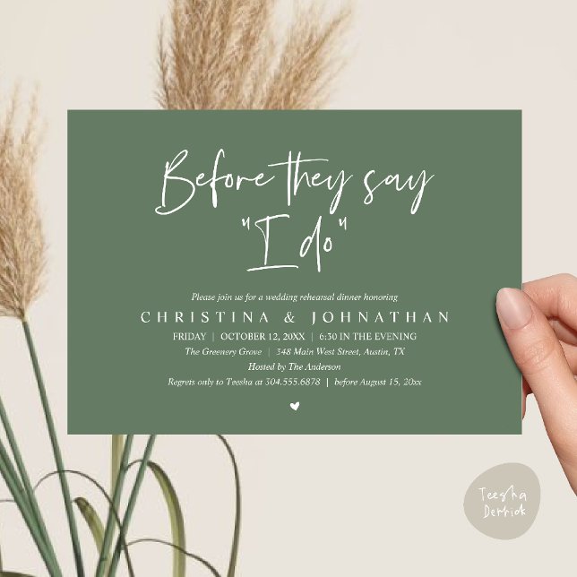 Convites Jantar de Rehearsal de Casamento, Antes que Digam  (Wedding Rehearsal Dinner, Before They Say "I Do" Invitation Card in Sage Green)