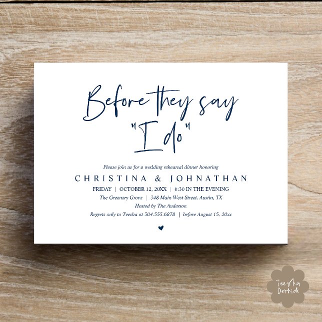 Convites Jantar de Rehearsal de Casamento, Antes que Digam  (Wedding Rehearsal Dinner, Before They Say "I Do" Invitation Card in Navy Blue)