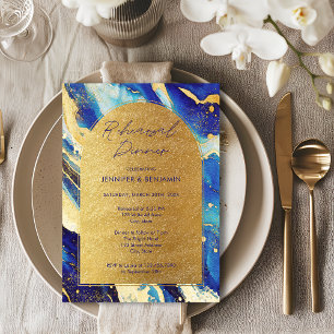 Convites Jantar de Rehearsal de Casamento Azul e Dourado da