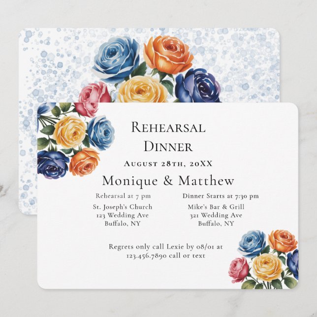 Convites Jantar de Rehearsal de Casamento Blue & Orange Ros (Frente/Verso)