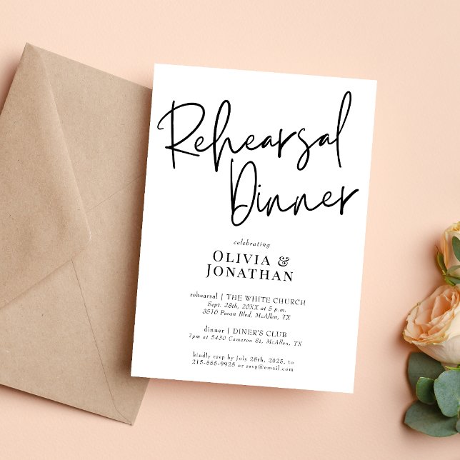 Convites Jantar de Rehearsal de Casamento Branco e Preto (White and black rehearsal dinner invitation sets a clean, elegant tone for your pre wedding event.)