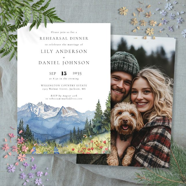 Convites Jantar de Rehearsal de Casamento com Foto de Flor  (Mountain Wildflower Photo Wedding Rehearsal Dinner Invitation)