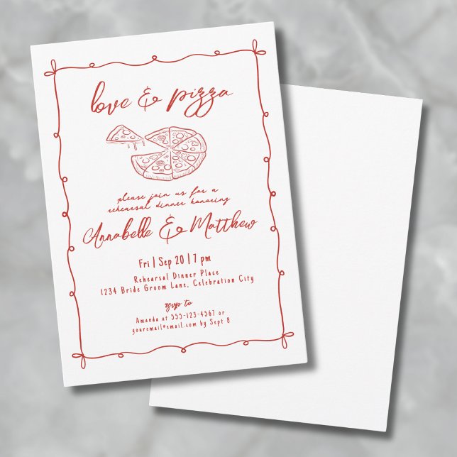 Convites Jantar de Rehearsal de Casamento de Pizza de Amor  (Hand Drawn Red Love Pizza Wedding Rehearsal Dinner Invitation)