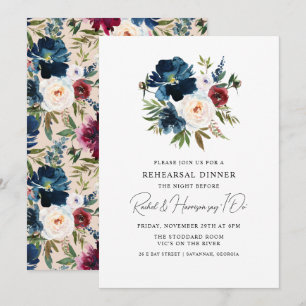 Convites Jantar de Rehearsal de Casamento Floral Azul Marin