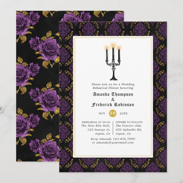 Convites Jantar de Rehearsal de Casamento Gótico Roxo e Dou (Frente/Verso)
