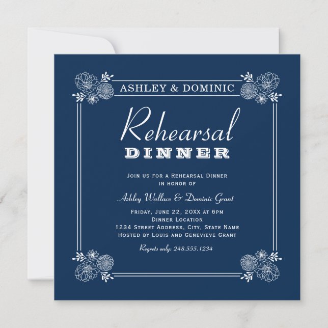 Convites Jantar de Rehearsal de Casamento Navy Succulent Fr (Frente)