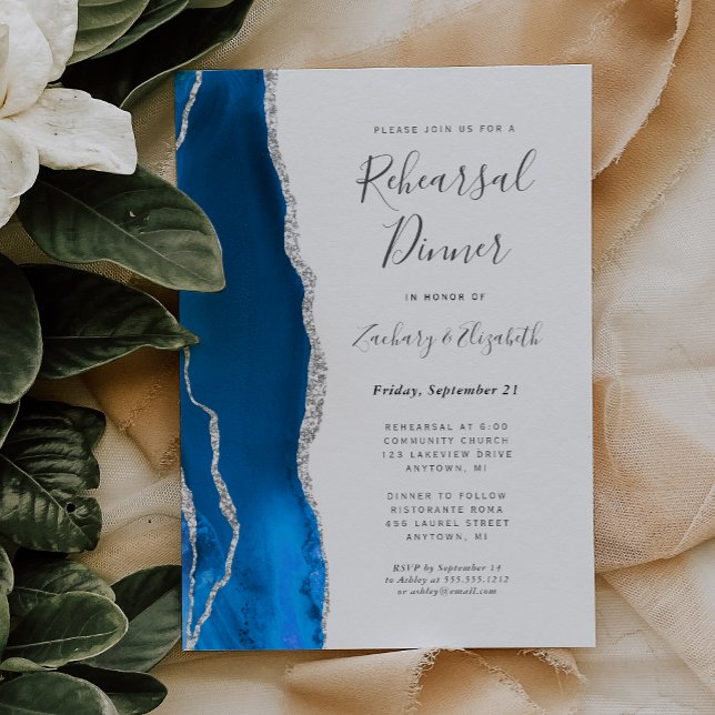 Convites Jantar de Rehearsal de Casamento Royal Blue Silver (Criador carregado)