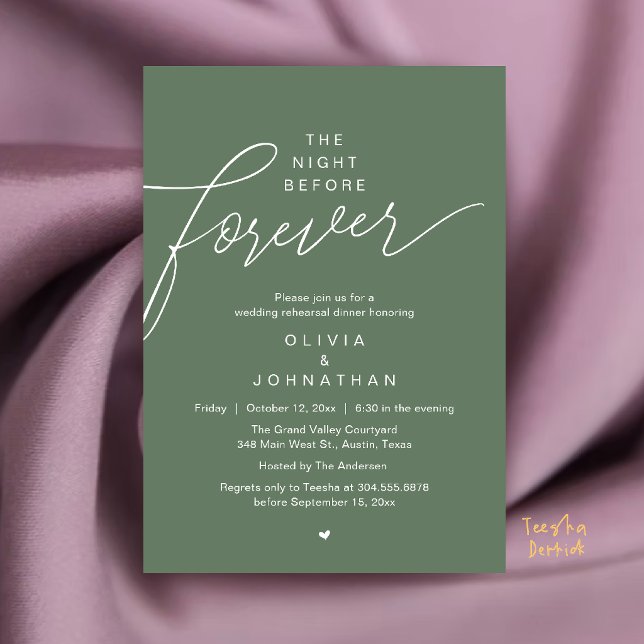 Convites Jantar de Rehearsal de Casamento, Script Moderno e (Wedding Rehearsal Dinner, Modern Elegant Script Invitation Card in Sage Green)