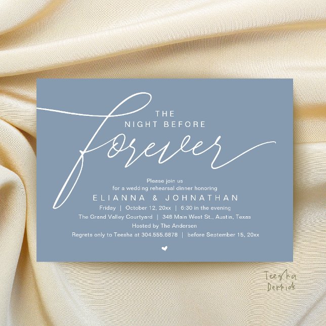 Convites Jantar de Rehearsal de Casamento, Script Moderno e (The Night Before Forever, Wedding Rehearsal Dinner, Modern Elegant Invites Card in Dusty Blue)